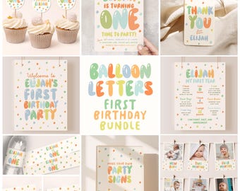 May include: A set of printable first birthday party decorations featuring a balloon letter theme in pastel colors with confetti. The set includes a welcome sign, a thank you tag, a milestone chart, a photo banner, cupcake toppers, water bottle labels, and food labels. The text on the welcome sign reads "Welcome to Elijah's First Birthday Party".
