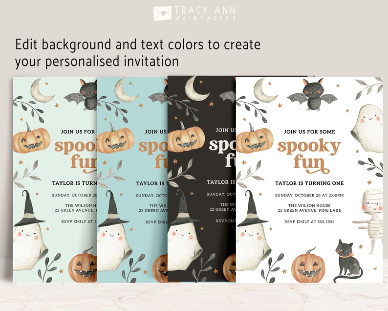 May include: Printable Halloween party invitation with a blue, black, and white background. The invitation features a ghost, a bat, a pumpkin, and the text "Join us for some spooky fun".