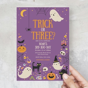 Trick or Three Birthday Invitation, Halloween Third Birthday Party Invite Template, Spooky Ghost 3rd Birthday Evite Editable B422