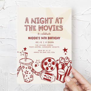 Handgetekende filmavond uitnodiging, bewerkbare tiener filmavond uitnodiging sjabloon, Krabbel film feestavond, Tween Cinema uitnodigen B838