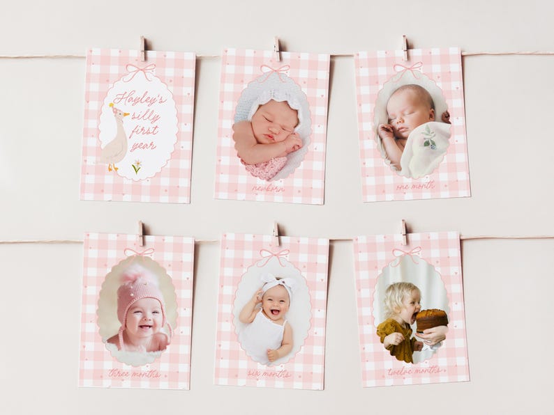 May include: A garland of baby milestone cards, each with a pink gingham background and a photo of a baby. The cards are labeled "newborn", "one month", "three months", "six months", and "twelve months". The first card reads "Hayley's silly first year".