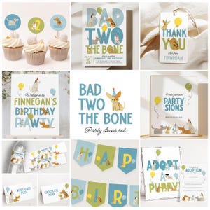 May include: A collection of party decorations with a dog theme. Items include cupcake toppers, invitations, thank you tags, welcome signs, banners, and adoption certificates. The color scheme is blue, green, and yellow, with illustrations of dogs and balloons.