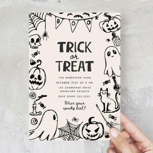 Trick or Treat-uitnodiging, sjabloon uitnodiging Halloween-feestje, bewerkbare handgetekende Halloween-uitnodiging, Spooky Party Evite C012