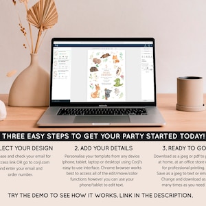 May include: A laptop computer displaying a digital invitation template with a woodland animal theme. The invitation features a cute illustration of a variety of animals, including a deer, a koala, a bird, and a snake. The text on the invitation reads "5 years old's birthday".
