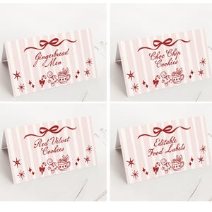 May include: Four folded table cards with pink and white striped backgrounds. Each card has a different text: "Gingerbread Men", "Choc Chip Cookies", "Red Velvet Cookies", and "Editable Food Labels". Each card has a bow, stars, and gingerbread man illustrations.
