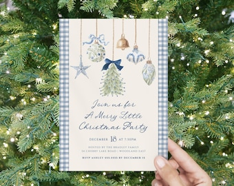Christmas Party Invitation, Blue Gingham Holiday Party Invite Editable Template C164