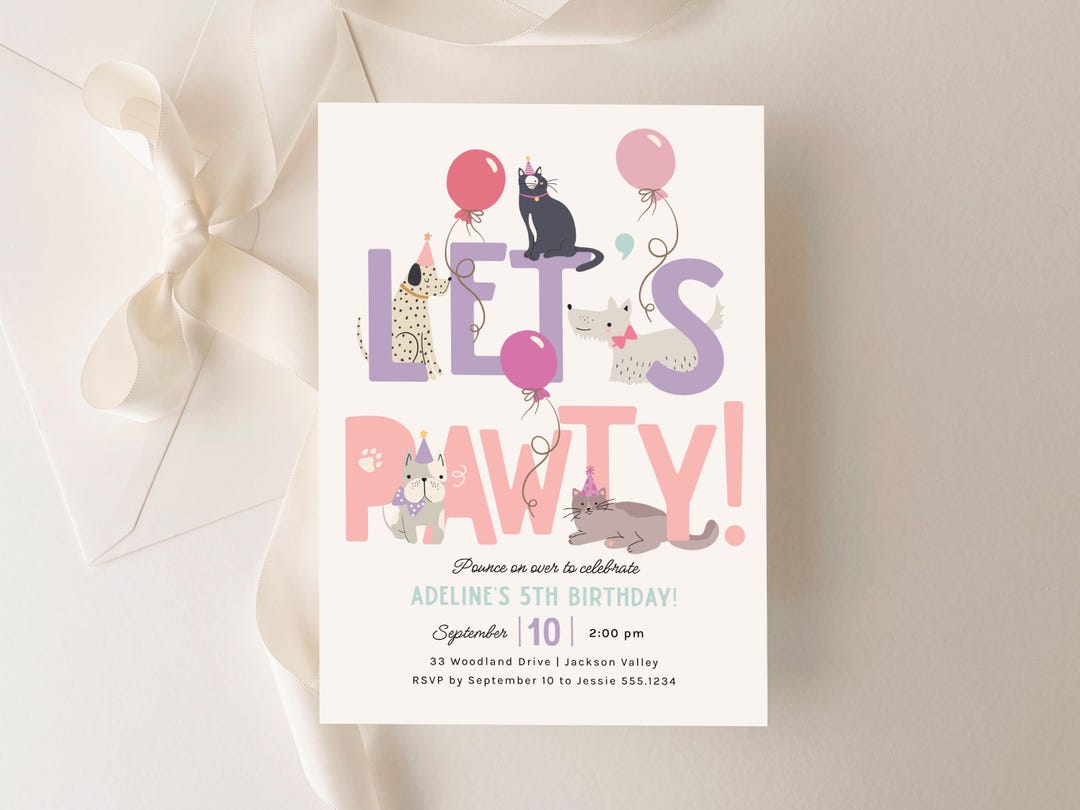 Pet Birthday Party Invitation, Editable Cats and Dogs Girl Birthday ...