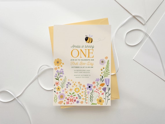 First Bee Day Invitation, Wildflower 1st Birthday Invite Editable Template B935