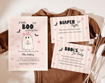 May include: Pink baby shower invitations with a ghost theme. The main invitation reads "A little BOO is almost due!" with event details. Additional cards request diapers and books for the baby, decorated with bats and flowers.