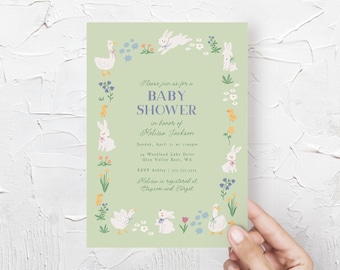 Invito per baby shower a tema coniglietto, modello modificabile per baby shower primaverile neutro B840