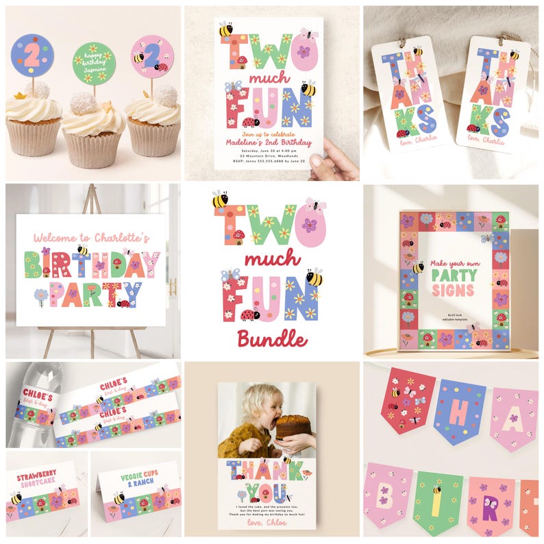 Two Much Fun Invitation, Girl 2nd Birthday Party Invite Template Digital Download B378 image 8