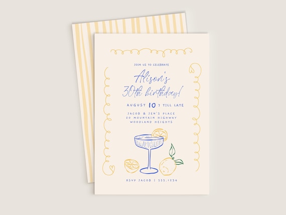 Summer Birthday Invitation, Hand Drawn 30th Birthday Invitation, Adult Birthday Party Invite Template, Editable Drinks Party Evite B767