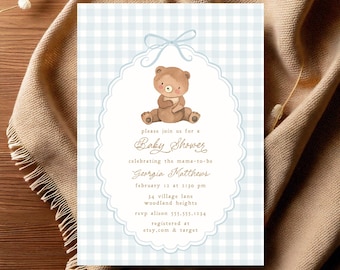 Teddy Bear Baby Shower Invitation, Boy Baby Shower Invite Template B980