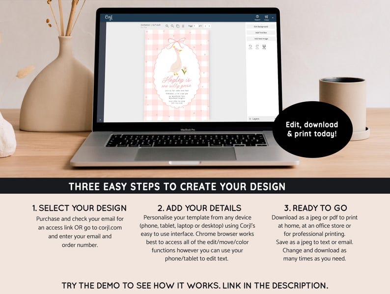 May include: A laptop displays a digital invitation design with a pink gingham background and a goose illustration. The screen also shows the text "Edit, download & print today!" and instructions for creating a design in three steps. A beige vase and a mug are on the wooden desk.
