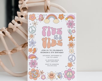 Five is a Vibe Party Invitation, Groovy Retro Girl 5th Birthday Invite B174