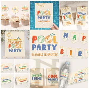 Peut inclure: Ensemble de décorations et de papeterie sur le thème de la fête à la piscine. Comprend des cupcakes avec des garnitures, des invitations, des étiquettes de remerciement, des bannières et des panneaux. Les motifs présentent un soleil, une balle de piscine et une bouée de sauvetage.