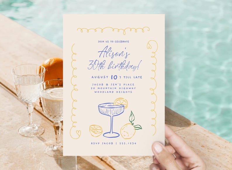 May include: A light beige invitation card with yellow and blue illustrations. The text on the card reads "Join us to celebrate Alison's 30th birthday! August 10 7 till late Jacob & Jen's Place 20 Mountain Highway Woodland Heights RSVP Jacob | 555.1234"
