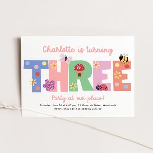 Modern 3rd Birthday Invitation, Cute Bugs Third Birthday Party Invite, Colorful Spring Girl Birthday Party invitation Template Editable B378