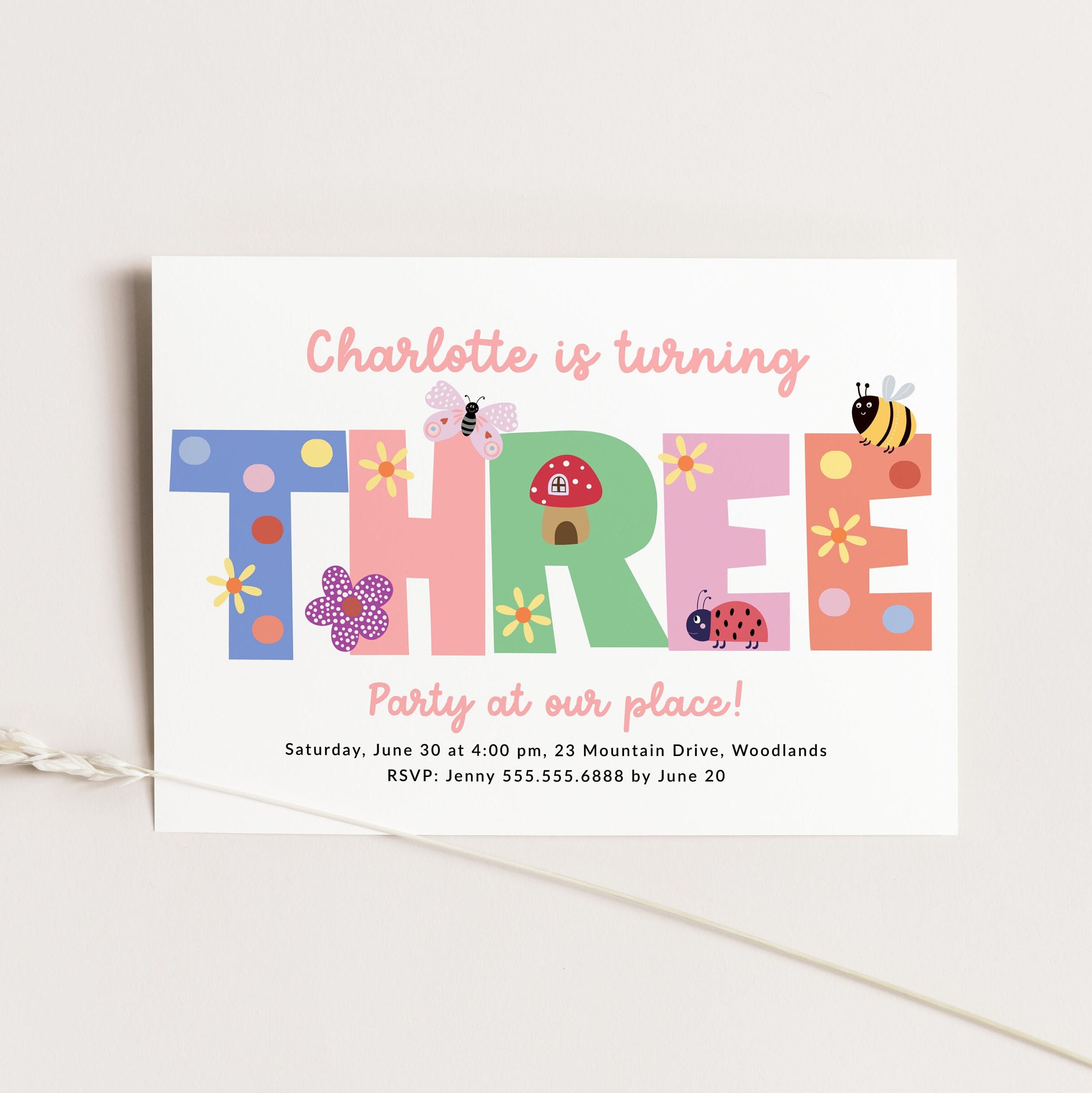 Modern 3rd Birthday Invitation, Cute Bugs Third Birthday Party Invite, Colorful Spring Girl Birthday Party invitation Template Editable B378