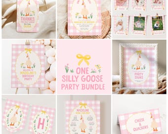 One Silly Goose Invitation Set, Pink Gingham Goose Birthday Decorations Bundle, Printable Girl 1st Birthday Silly Goose Party Decor B839
