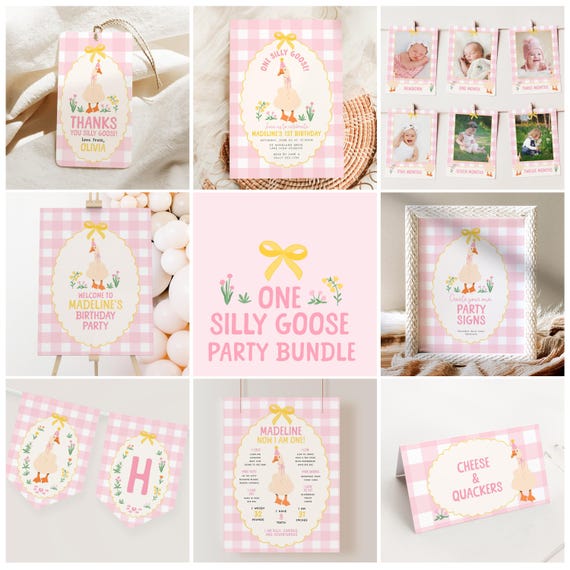 One Silly Goose Invitation Set, Pink Gingham Goose Birthday Decorations Bundle, Printable Girl 1st Birthday Silly Goose Party Decor B839