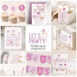 Pawty Invitation Bundle, Dog Birthday Invitation Set, Printable Puppy Birthday Party Decorations Bundle, Editable Girl Birthday Favors B936