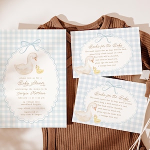 Suite d'invitations pour baby shower oie, invitation baby shower garçon bleu pastel, modèle Evite de baby shower de mère et bébé oie neutre en matière de genre B867