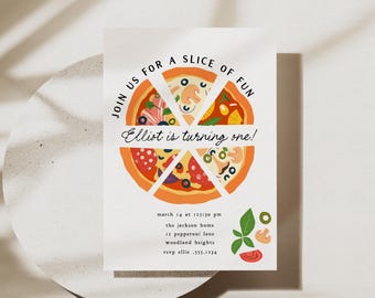 Invitación a fiesta de pizza, plantilla de invitación de cumpleaños con una divertida pizza, invitación para el primer cumpleaños, invitación editable para fiesta de pizza B825