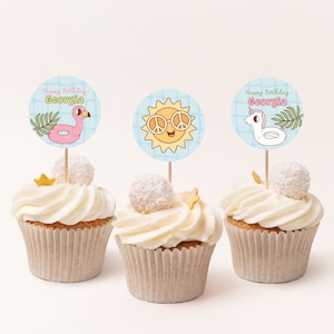 Pool Party Cupcake Toppers, Girl Birthday Decorations Printable, Swimming Party Cake Topper Template, Editable Summer Party Decor B354