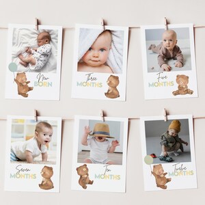 Puede incluir: Un conjunto de 12 tarjetas de hitos mensuales para beb&eacute;s con una linda ilustraci&oacute;n de un oso y una foto de un beb&eacute; a cada edad. Las tarjetas est&aacute;n impresas en cartulina blanca y tienen un aspecto r&uacute;stico y vintage.