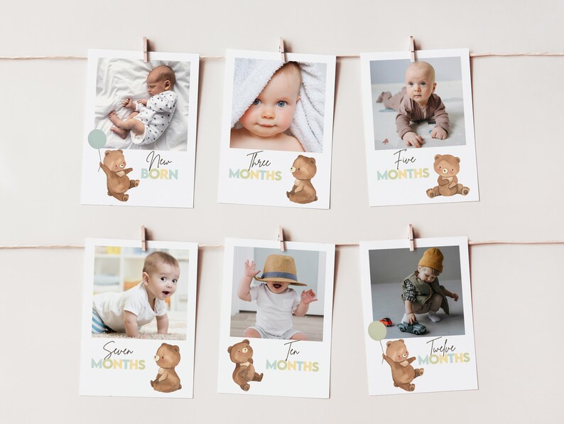 Puede incluir: Un conjunto de 12 tarjetas de hitos mensuales para beb&eacute;s con una linda ilustraci&oacute;n de un oso y una foto de un beb&eacute; a cada edad. Las tarjetas est&aacute;n impresas en cartulina blanca y tienen un aspecto r&uacute;stico y vintage.