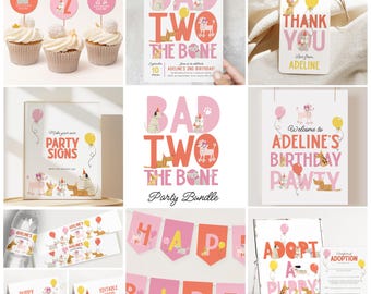 Lot d'invitations d'anniversaire Bad Two the Bone, 2e anniversaire de mariage pour chiot, signes d'anniversaire de chien, cadeaux d'anniversaire pour fille à imprimer B924