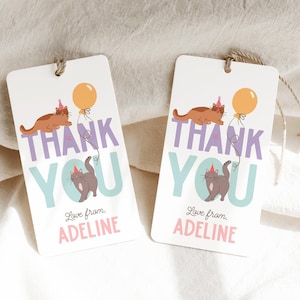Cat Birthday Thank You Tags, Kitten Birthday Party Favor Tag Template, Girl Birthday Party Treat Tags Printable, Cats and Balloons B968