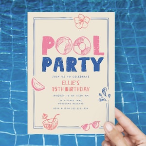 Pool Party Birthday Invitation, Girl Swim Party Invite, Printable Pool Party Invitation Template, Editable Hand Drawn Pool Party Evite B763