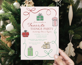 May include: A party invitation with a hand-drawn design featuring wrapped gifts in red, green, and pink. The invitation includes event details and RSVP information, held in front of a Christmas tree.