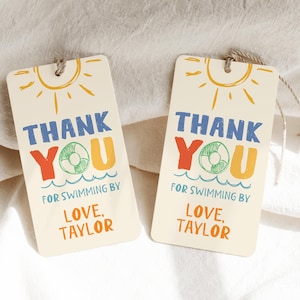 May include: Two colorful thank you tags with a sun, life preserver, and waves. The text reads "Thank You for swimming by Love, Taylor".