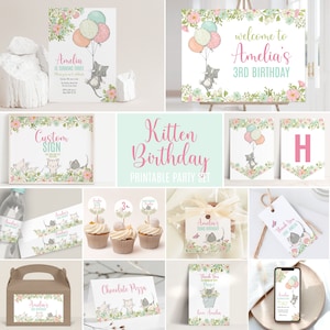 Cat Birthday Party Bundle Kitten Themed Girl Birthday Set of Templates Editable Decorations Printable Invitation and Party Decorations 8303