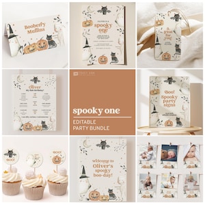 Set di inviti per feste Spooky One, decorazioni per il primo compleanno di Halloween per bambini, pacchetto stampabile per il primo compleanno, decorazioni modificabili per feste di fantasmi B108