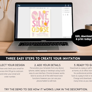 May include: A laptop screen displaying a pink and yellow invitation template with the text "One Silly Goose" and a cartoon goose. The text "Edit, download & print today!" is displayed below the laptop.