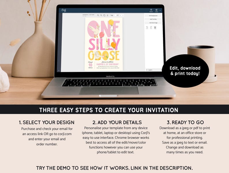 May include: A laptop screen displaying a pink and yellow invitation template with the text "One Silly Goose" and a cartoon goose. The text "Edit, download & print today!" is displayed below the laptop.