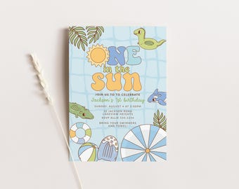 May include: A blue and yellow invitation card with the text "One in the Sun" and a cartoon sun, a dinosaur, a whale, and a crocodile. The invitation is for Jackson's 1st birthday party. The party is on Sunday, August 4th at 3:00 PM. The address is 32 Jackson Road, Lakeview Heights. The RSVP number is 555.1234. The invitation asks guests to bring their swimmers and towel.