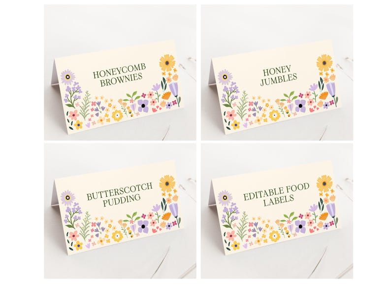 Puede incluir: Cuatro etiquetas de alimentos imprimibles con un borde floral. Las etiquetas dicen "Honeycomb Brownies", "Honey Jumbles", "Butterscotch Pudding" y "Etiquetas de alimentos editables".