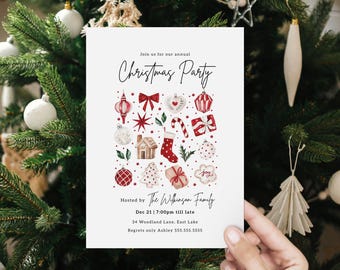 Puede incluir: Una invitación blanca para una fiesta de Navidad con ilustraciones de acuarela de adornos, una casa de jengibre y un calcetín. La invitación incluye el texto "Christmas Party" y los detalles del evento.