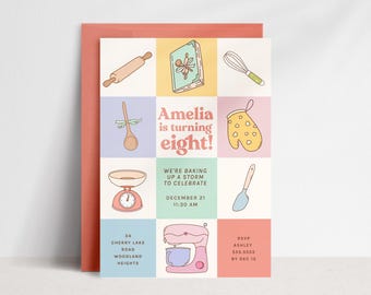Baking Birthday Party Invitation, Retro Girl Birthday Party Invitation, Baking Party Invite Editable, Cooking Birthday Party Evite B751