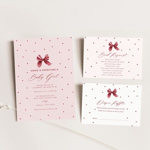 Schleife-Babypartyeinladungs-Vorlagenreihe, Rosa-Buch-Anfragekarte, Windel-Verlosungskarte, Rosa-Baby-Sprenkel-Einladungsset Bearbeitbar B518