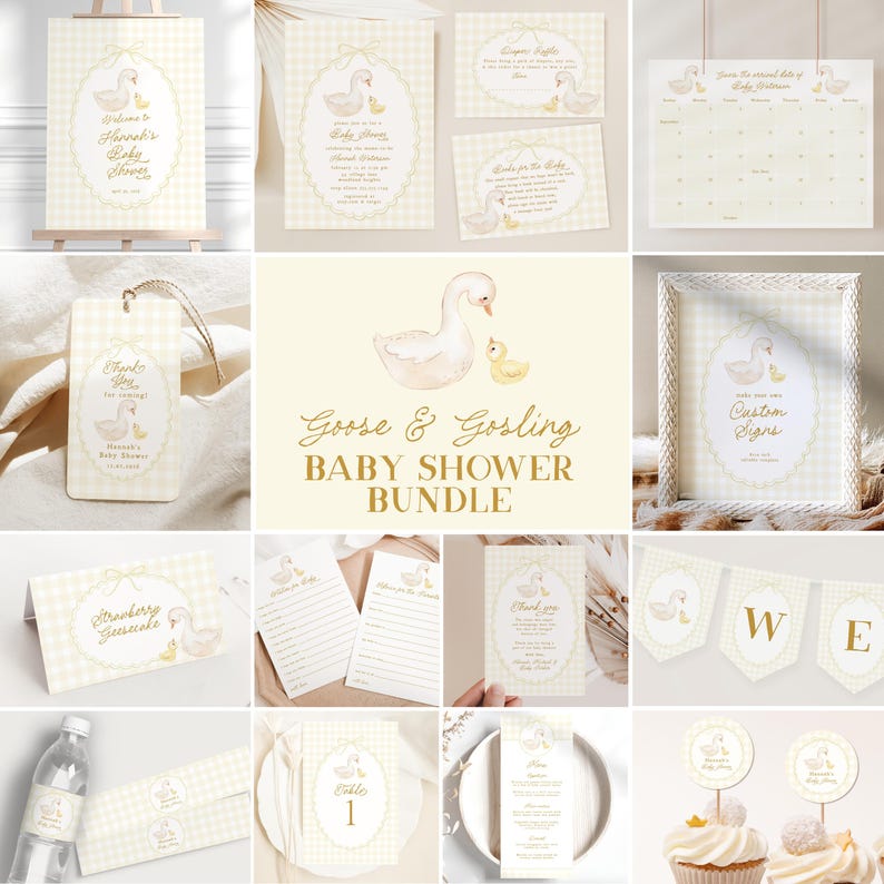 May include: A baby shower bundle with a goose and gosling theme. The set includes invitations, thank you cards, a banner, and cupcake toppers. The designs feature a watercolor illustration of a goose and gosling on a light yellow gingham background.