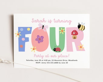 Spring 4th Birthday Invitation, Girl Fourth Birthday Party Invite, Minimalist Bugs Invitation Template, Editable Printable Evite B378