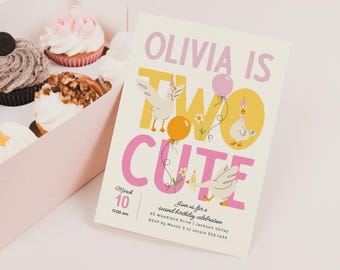 Dos lindas plantillas de invitación, invitación editable para el segundo cumpleaños de un ganso, cumpleaños de niña Evite B937