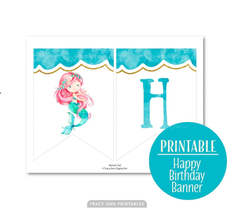 1st 5th Birthday Banner Birthday Bunting 4th 3rd Swim Party Mermaid Happy Birthday Banner Birthday decor DIY Banner 2nd 1073