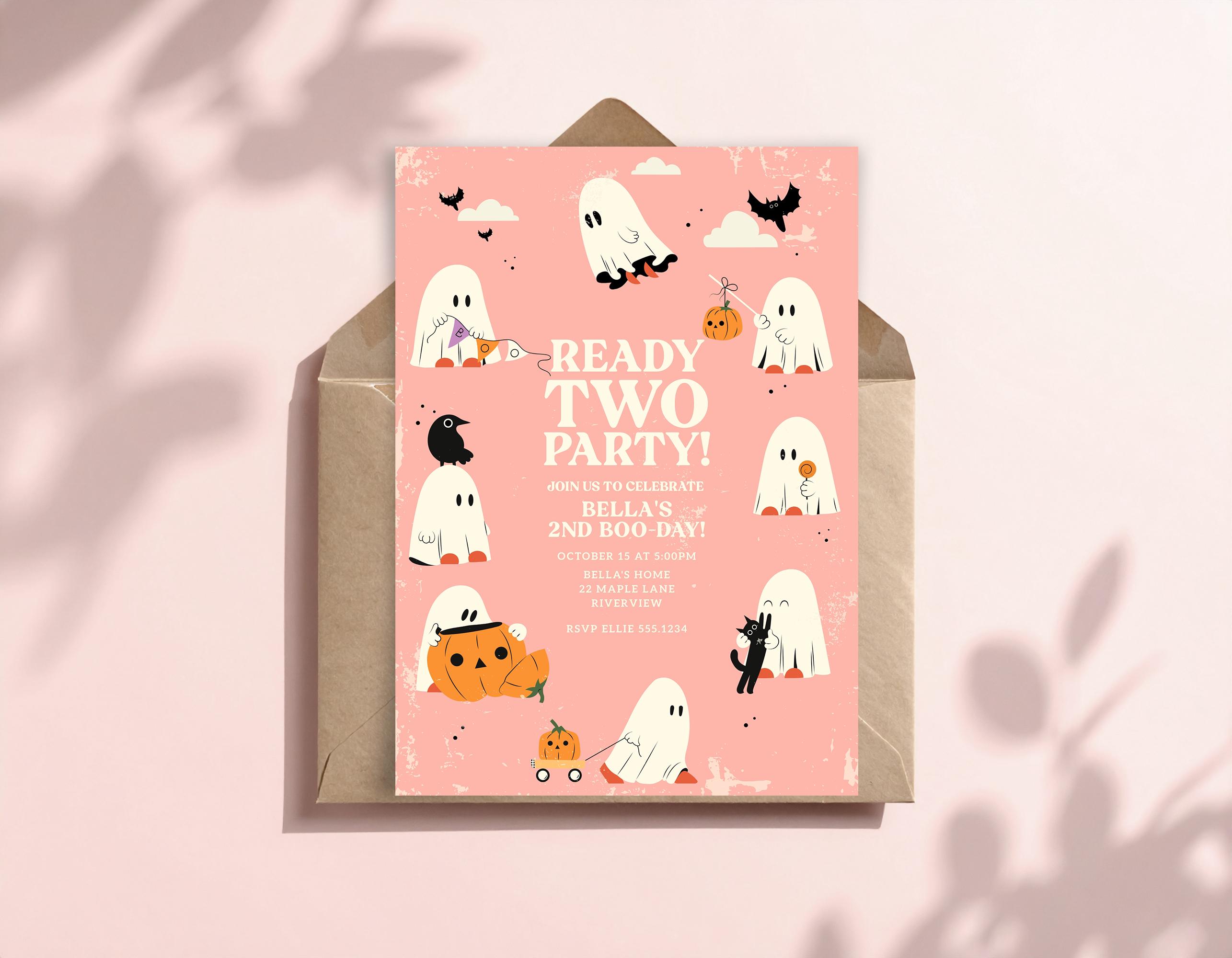 Halloween 2nd Birthday Invitation, Ready Two Party Invite Template, Printable Spooky Girl 2nd Birthday Party Evite, Cute Ghost Invite C027